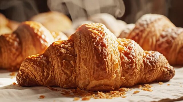 Close up of golden brown croissants with steam on parchment paper with crumbs warm lighting