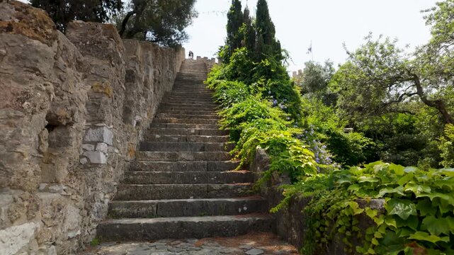 Steep stone staircase in a medieval castle.