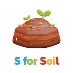 3D icon of a pile of fertile soil with green sprouts for alphabet learning letter S