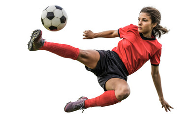 Dynamic female soccer player striking a powerful shot mid-air during a competitive match