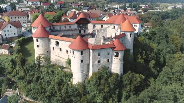 Close aerial view of Žužemberk Castle walls, Slovenia