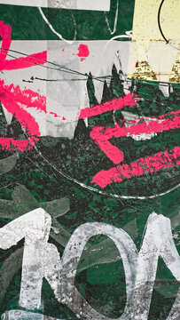 Authentic imperfect urban distressed background in vertical orientation 9:16 portrait, featuring random pink and white graffiti, ripped stickers, scratches and chipped green paint.