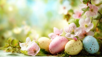 Colorful easter eggs rest on green moss next to pink flowers. Bright spring sunlight shines creating a cheerful atmosphere. This scene captures the joy of the easter holiday celebration.