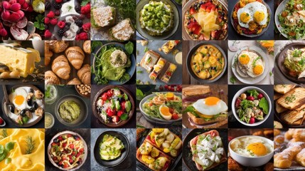 Different breakfast dishes are shown on various plates. Several types of eggs vegetables and fruits are featured along with breads and pastries. A colorful spread is visible.