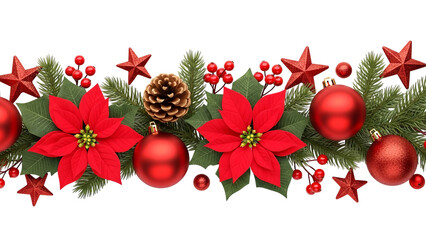 Christmas poinsettia pinecone ornaments and fir branches with red berries and stars create a vibrant festive border, perfect for holiday greetings and seasonal decorations.