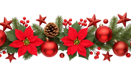 Christmas poinsettia pinecone ornaments and fir branches with red berries and stars create a vibrant festive border, perfect for holiday greetings and seasonal decorations.
