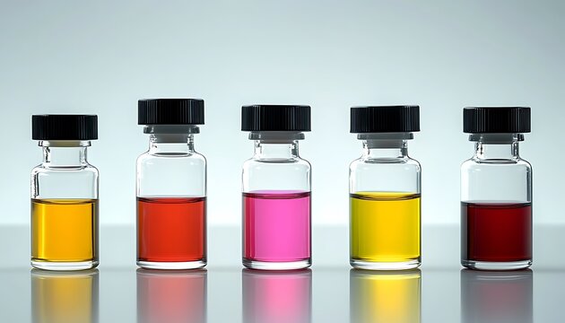 Row of five small glass vials containing colorful liquid samples laboratory display