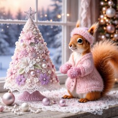 Obraz premium A cute squirrel in a knitted winter outfit stands near a decorative Christmas tree on a festive indoor background