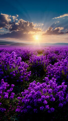 Obraz premium A vibrant and colorful photograph of a field of purple flowers at sunset with the sun setting behind the horizon and the sky transitioning from blue to orange hues