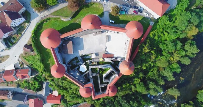 Top-down aerial view of Žužemberk Castle interior, Slovenia