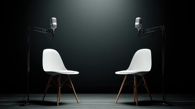 Chairs are placed facing each other with microphones positioned above them in a dark space. This setup suggests an upcoming dialogue or discussion between two people. - Powered by Adobe