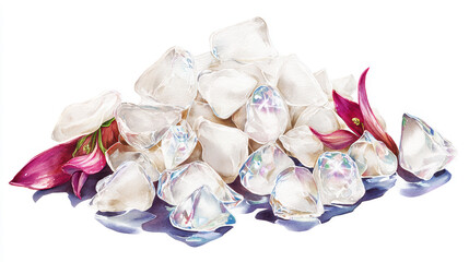 Elegant watercolor illustration featuring a pile of shimmering ice cubes and delicate pink and purple flower petals on a white background, creating a refreshing natural composition.