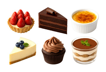 Delightful collection of various sweet desserts, including chocolate cake, strawberry tart, cheesecake, and tiramisu, perfect for any celebration.