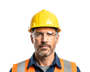 Professional male worker wearing a yellow hard hat and safety glasses, looking directly at the camera with a serious and confident expression.