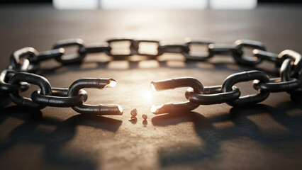 Broken iron chains lying open with soft light emerging, freedom symbolism.