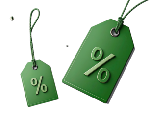 Two green price tags, one small and one large, displaying percentage symbols on black background
