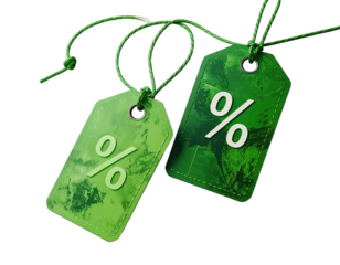 Two green sale tags with percentage symbols, tied with green string against a black background