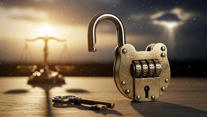 Open lock with key resting nearby, liberation and justice concept.