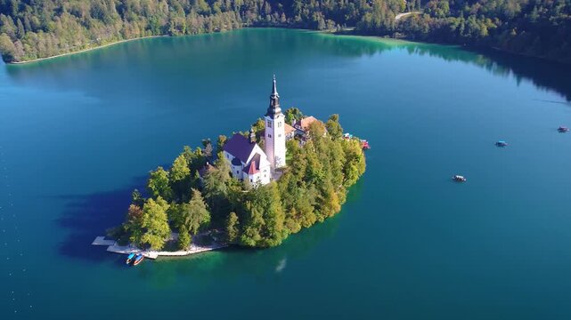 Aerial view of Bled Island and Lake Bled, Slovenia