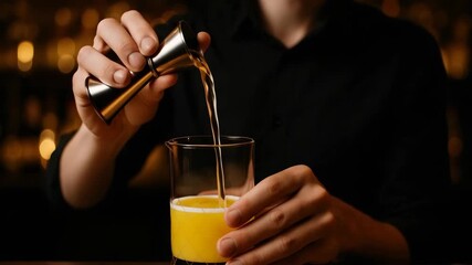 A Skilled Bartender Perfectly Measures and Pours a Vibrant Orange Drink, Showcasing Precision in Crafting Cocktails at a Chic Bar Setting.