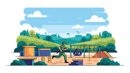 Modern vector illustration of army training exercise with soldiers in action, ideal for military education, readiness, and physical training concepts