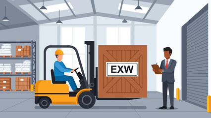Efficient warehouse logistics operations with a forklift handling an EXW labeled crate under