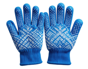 Pair of bright blue work gloves with intricate white patterns on the palms and fingers