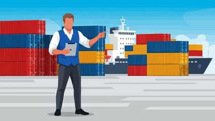 A logistics professional overseeing global cargo operations at a bustling seaport terminal for