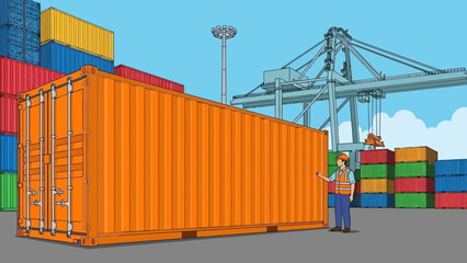 Global shipping logistics worker inspecting cargo container at busy international port terminal