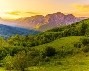 Vertical view of mountain meadows at sunset in Sutjeska National Park, warm golden light over green hills and forested slopes, peaceful wilderness landscape in Bosnia and Herzegovina.