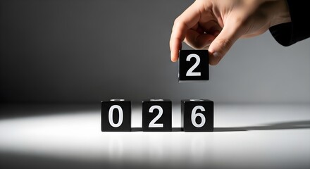 A hand placing a '2' cube to form the year '2026' with other number blocks, symbolizing a new year or future.