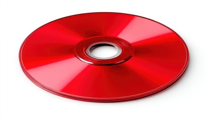 A bright red disc sits on a simple background. The shiny surface reflects light and shows clear details. The disc has a circular shape and a central hole for use.