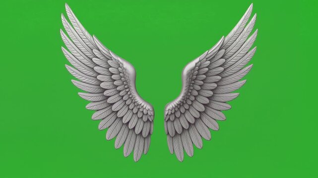Detailed silver wings with individual feathers flap in a seamless loop. Isolated animation on a green screen for chromakey compositing. Lockdown shot.