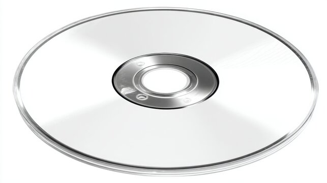 A blank CD is placed on a white surface. The CD has a shiny center and a clear edge. There are no markings on it. The setting is light and simple. This arrangement highlights the CD's design.