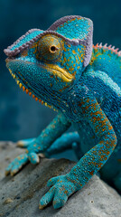 Fototapeta premium A vividly colored multicolored lizard with a large eye and a blue head sitting on a rock