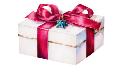 Obraz premium Festive white gift box watercolor illustration on white background, with vibrant red ribbon and blue star bow, elegant holiday celebration design.