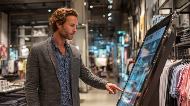A man stands in a clothing store using a digital display to browse items. He is dressed in a casual outfit and focused on the screen. Other shoppers are visible in the background.