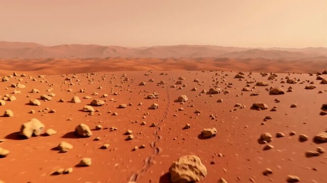 Journey across red surface of planet Mars with astronaut leaving boot prints. Exploration of a barren, rocky alien world