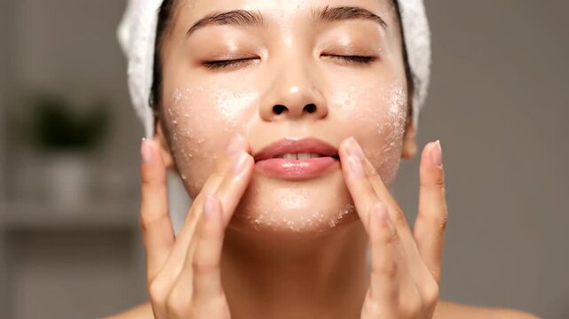 Young Asian Woman Exfoliating Face with Scrub for Smooth and Glowing Skin