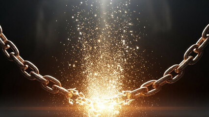 Chains dissolving into light particles, end of enslavement theme.