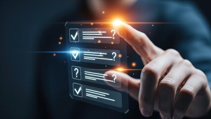Hand touching a glowing digital checklist interface with checkmarks and question marks, representing selection or evaluation.