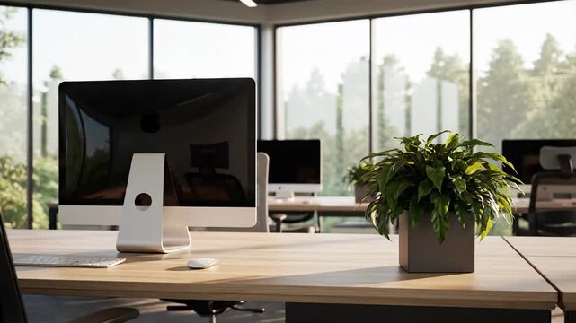 Serene Modern Office Interior with Wooden Desks, Ergonomic Chairs, and Forest Views