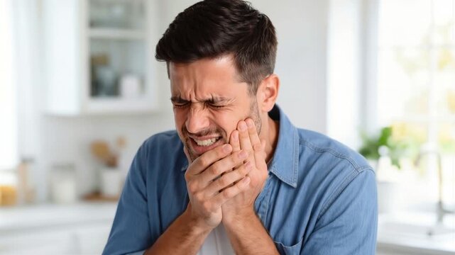 Male adult clutching jaw due to sudden toothache in domestic kitchen. Oral health problem and dental care necessity. Lockdown medium shot.