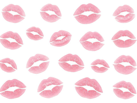 Collection of pink lip prints isolated on transparent background