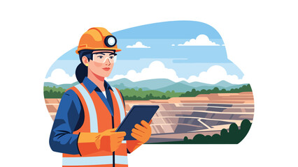 Modern vector illustration of mining worker using tablet and protective gear, ideal for smart mining, digital transformation, and industry innovation visuals