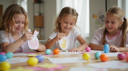 Fototapeta premium Three children crafting Easter decorations with colorful eggs, sitting at a wooden table in a well-lit, cozy room. Sustainable, zero waste Easter decor. DIY gifts for Easter