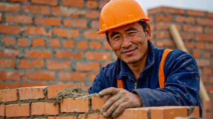 A man in a blue jacket and orange hard hat is smiling while leaning on a brick wall