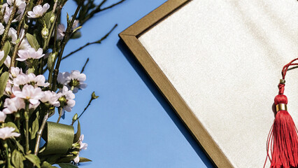 Graduation Certificate with Flowers on Blue