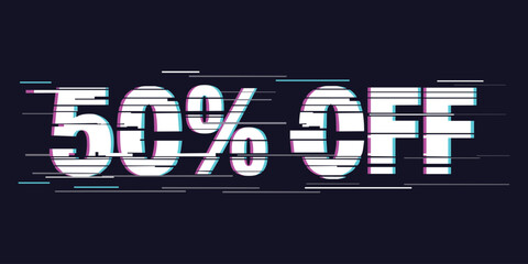 50% off vector discount banner with modern white glitch effect typography. Futuristic digital distortion style price tag for tech sales, gaming promotions, and cyber monday retail marketing offers.