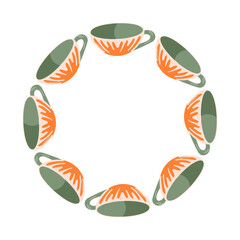 Modern ceramic tea mug wreath in flat style. Porcelain coffee or tea cup with abstract ornament and green handle for design card.